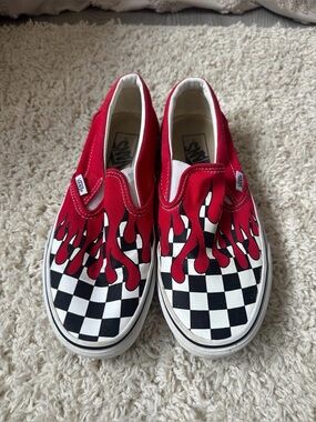 Retro Checkered Vans Slip Ons- Red, Black & White Women’s 8 Shoe